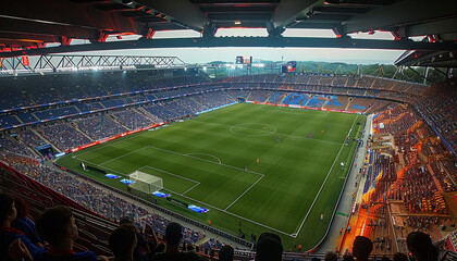 A stadium with a womens football match seen from a fan