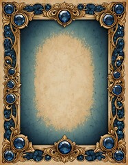 ornate gilded frame with sapphires on a distressed blue and parchment background