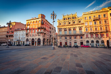 Attractive summer cityscape of Trieste, Italy, Europe. Splendid morning view of Piazza del Ponte...