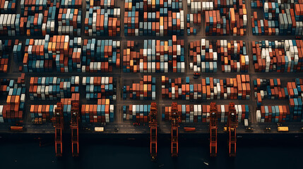 An overhead shot of a shipping yard with containers neatly arranged for transport.