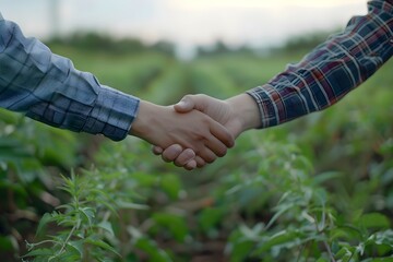 Farmers and businesspeople shake hands to signify successful collaboration and agreement. Concept Business Partnerships, Collaboration, Successful Agreements, Handshake Gesture