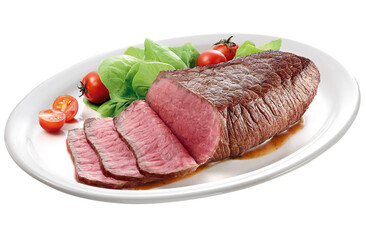 prato com carne bovina ao ponto acompanhado de salada de alface e tomates isolado em fundo...