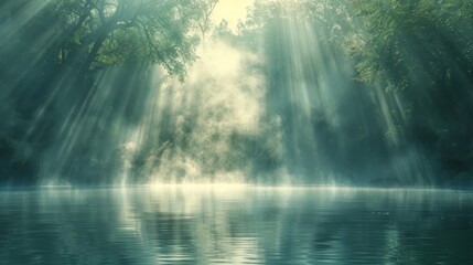 Mystical Sunrays Illuminating a Tranquil River in a Foggy Forest - obrazy, fototapety, plakaty