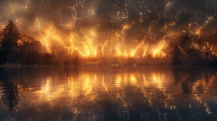 Mystical Forest Fire with Lightning Reflection in Water