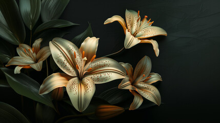 Digital illustration of gentle lily flowers with a soft glow against a dark backdrop, conveying beauty and elegance