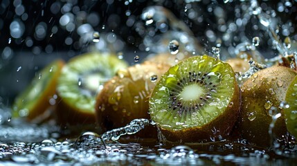 Sliced Kiwi Fruit with Water Splash on Dark Background