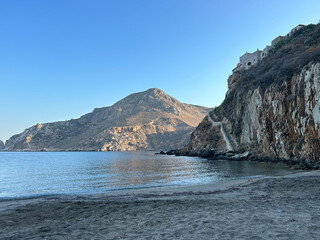 Fototapeta na wymiar Natural landscape with panoramic view of Marmari, a sandy beach in Mani, Lakonia Peloponnese, Greece. 