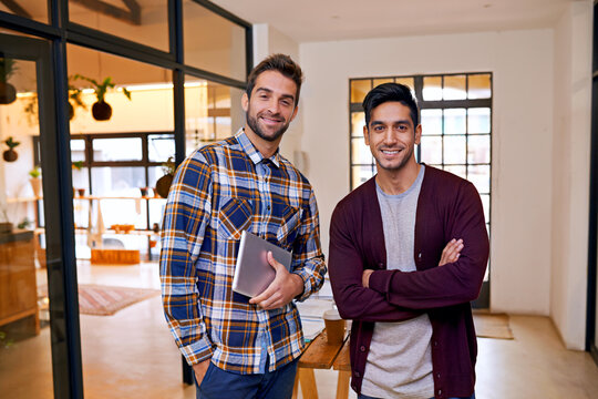 Tablet, men and friends with smile for portrait, creative and interior design for career or job. Colleagues, guy and male person with happiness for startup of business, teamwork and collaboration