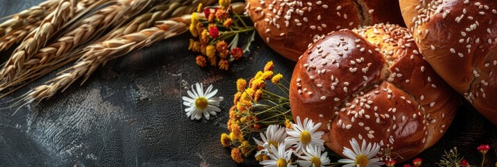 horizontal banner, Shavuot, Vaisakhi, Sikh New year, rye bread, wheat ears, wildflowers, daisies, dark background