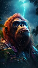 Racer orangutan dandy charm soulful in lightning storm dusk telephoto view - obrazy, fototapety, plakaty