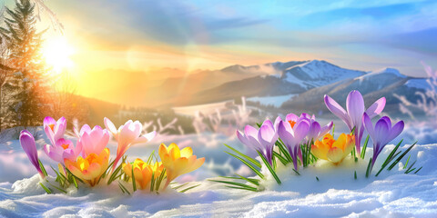 Fototapeta na wymiar crocuses in various colors are blossoming on the snowcovered ground with a blue sky and sun rays. purple, pink, and yellow flowers on snowy landscape, winter flower themes, banner 