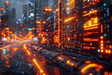 A futuristic 3D representation of a digital marketplace with innovative payment systems and cryptocurrency integration