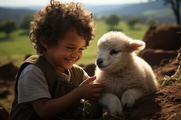Child caress sheep on sunny farm., generative IA - obrazy, fototapety, plakaty