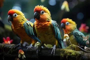 Foto auf Glas Colorful parrots interact in the lush jungle., generative IA © JONATAS