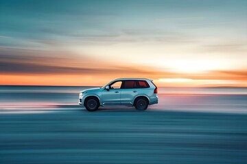 Fototapeta na wymiar Abstracted movement of a contemporary SUV traveling on a concrete road at sunset by the sea. Concept Sunset Reflections, Coastal Drive, Contemporary SUV, Abstract Movement, Concrete Road