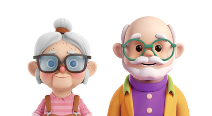 Grandmother, Grandfather, Old Man, Old Woman, Grandma, Grandpa in a Simple 3D Cartoon Render Set, Isolated on Transparent Background, PNG
