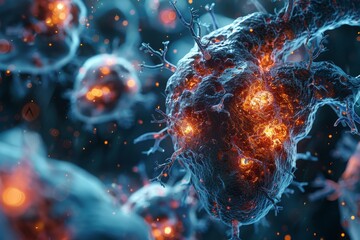 Obraz premium A futuristic 3D representation of targeted therapy for cardiac tumors, with advanced medical technology targeting tumor cells 