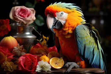 Parrot extracting nectar from tropical fruits., generative IA