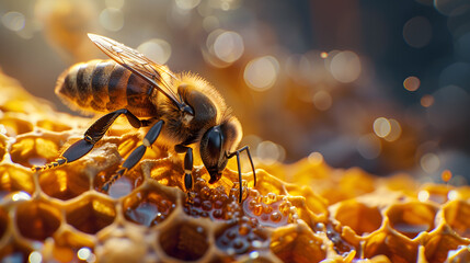 bee and honey, Close up view of the working bees on honey cells, Honey bee covered with yellow pollen collecting nectar from dandelion flower. Generative AI  - obrazy, fototapety, plakaty