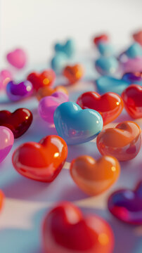An endearing and vivid image of multi-colored heart shapes scattered, symbolizing love and diversity with a soft-focus background