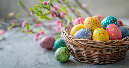 Easterthemed wicker storage basket filled with colorful eggs - 767986190