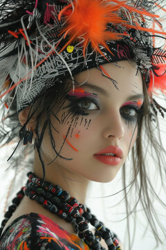 Glamorous young woman with vibrant makeup and feather headdress posing for the camera in studio shot