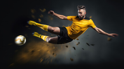 Fototapeta na wymiar Football Player Kicks Ball in Flight