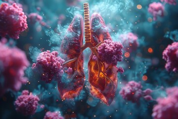  A futuristic 3D representation of targeted therapy for gastric tumors, with advanced medical technology targeting tumor cells