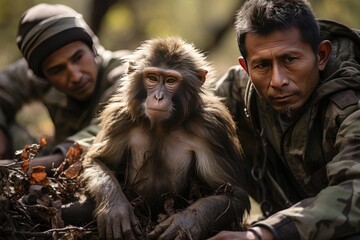 Compassionate monkey helps injured partner., generative IA - obrazy, fototapety, plakaty