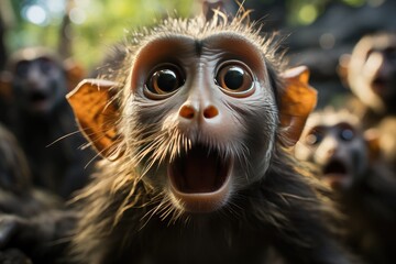 Funny monkey displays gestures for the group in the forest., generative IA