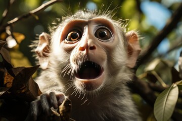 Funny monkey displays gestures for the group in the forest., generative IA - obrazy, fototapety, plakaty