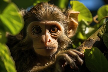 Monkey exploring the tree cup in the lush jungle., generative IA