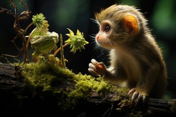 Curious monkey discovers brilliant object in the jungle., generative IA - obrazy, fototapety, plakaty