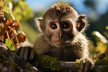 Curious monkey discovers brilliant object in the jungle., generative IA
