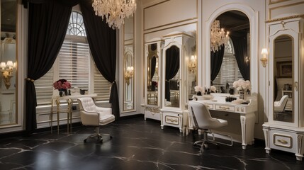 Lavish bridal dressing suite with vanity stations, lounge seating, and ornate mirrors