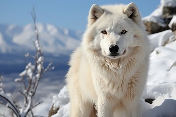 Arctic Wolf sniffing prey in the cold landscape., generative IA