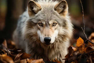 Fototapeten Young wolf learning to hunt with the elders in the forest., generative IA © JONATAS