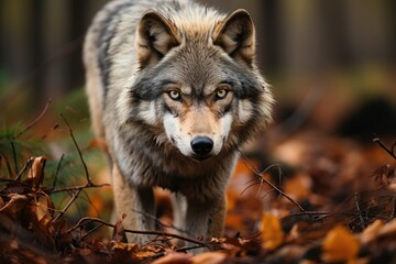 Naklejka na ściany i meble Young wolf learning to hunt with the elders in the forest., generative IA