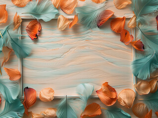 Calming arrangement of soft feathers in shades of turquoise and peach form a peaceful border on a textured wooden panel - obrazy, fototapety, plakaty