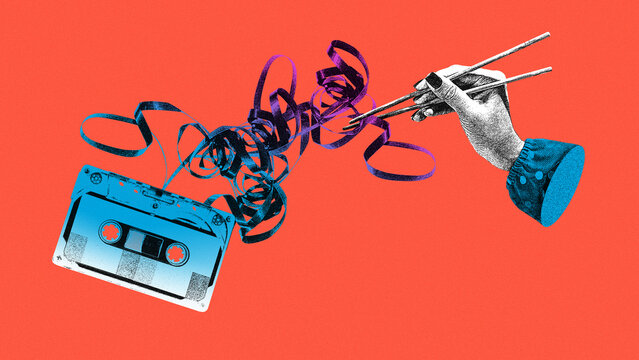 Hand holding chopsticks over cassette tape against red background. Contemporary art collage. Music and food combination. Concept of retro and vintage, creativity. Poster, ad