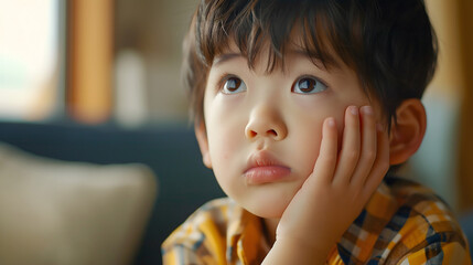 5歳位の日本人男児が頬に手を当て考え事をしている様子 - obrazy, fototapety, plakaty