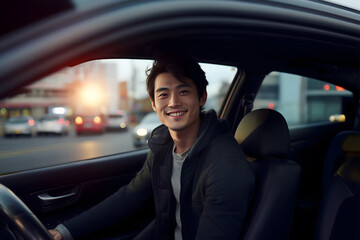 20代の日本人男性が社内からこちらを見て微笑んでいる様子