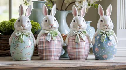 Several Easter ceramic bunnies are seated atop a table, showcasing their colorful attire and festive appearance