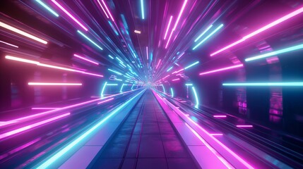 Vivid neon lights forming streaks in a futuristic tunnel, conveying a sense of high-speed motion.