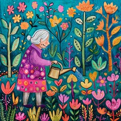 Illustration of a senior using a watering can amidst vibrant surroundings, depicted in doodle form.