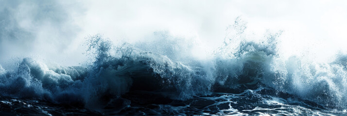 A powerful, large wave crashes in the ocean, creating a dramatic and forceful scene