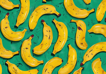 Pattern of stacked bananas on green background in vibrant display of freshness and natural beauty