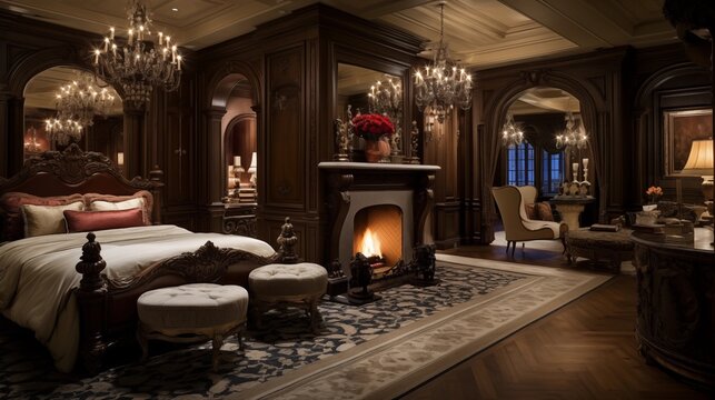 lavish His and Her dressing room suite with ornate fireplaces, seating areas, chandelier islands, and rich woodwork