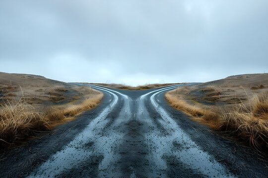 A fork in the road symbolizing decisionmaking choices opportunities and transitions in business and life. Concept Decision Making, Business Opportunities, Transitions, Life Choices, Symbolism