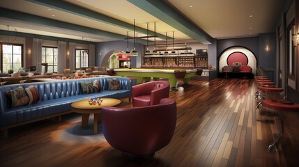 Lavish home bowling alley with vintage scoring, ball returns, and diner-style seating area - obrazy, fototapety, plakaty